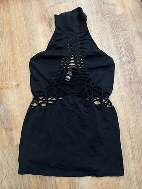 Pink Lipstick Black Cutout Halter Mini Dress